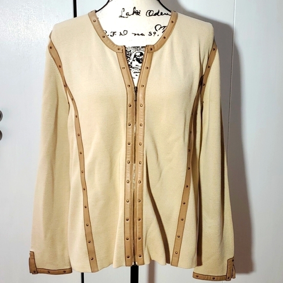 Sigrid Olsen- Womens Cream Silk & Leather Trimmed Cardigan Coat Sz.Large - Picture 1 of 6